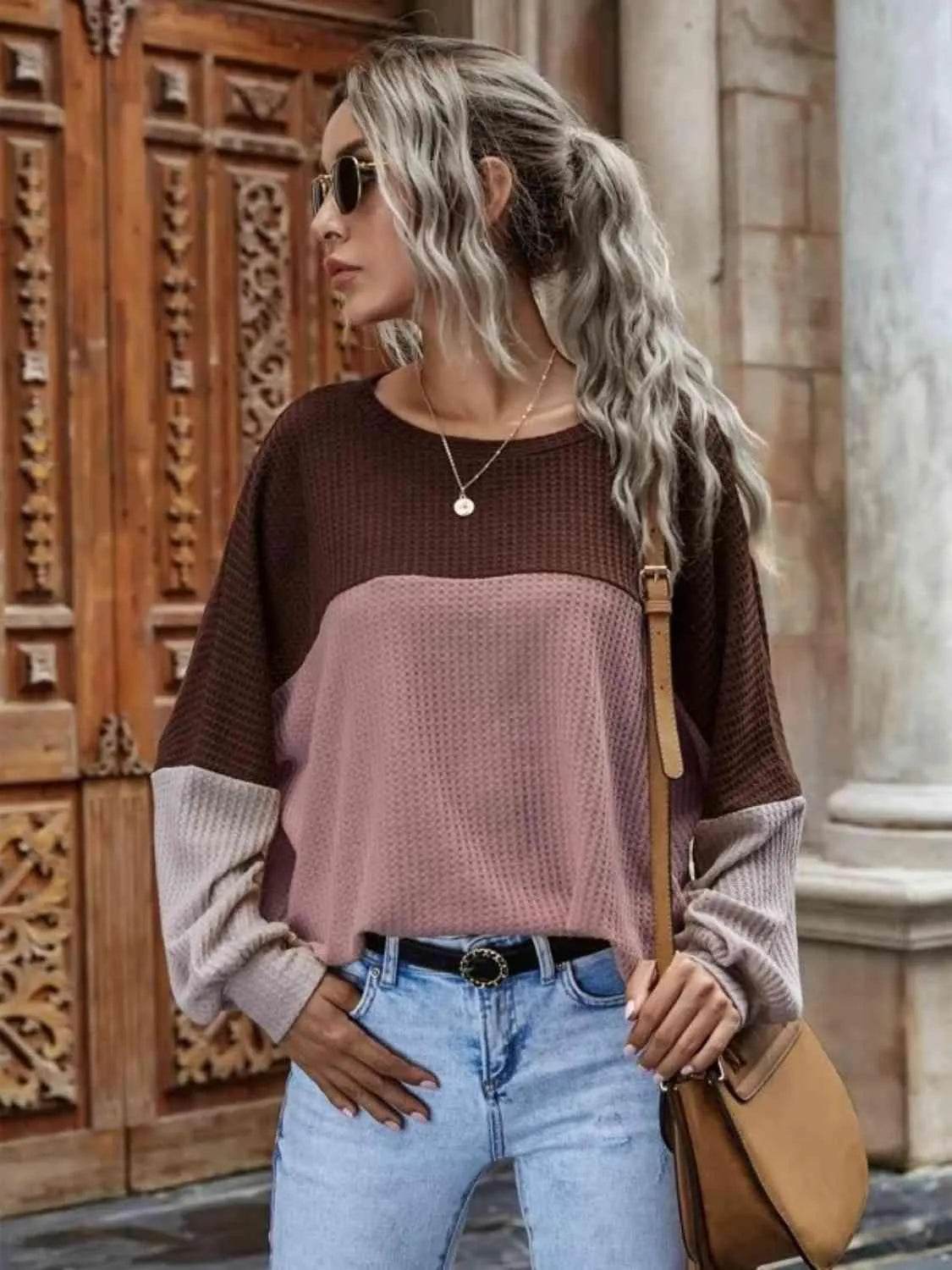 Bona Fide Fashion - Color Block Waffle-Knit Long Sleeve Top - Women Fashion - Bona Fide Fashion