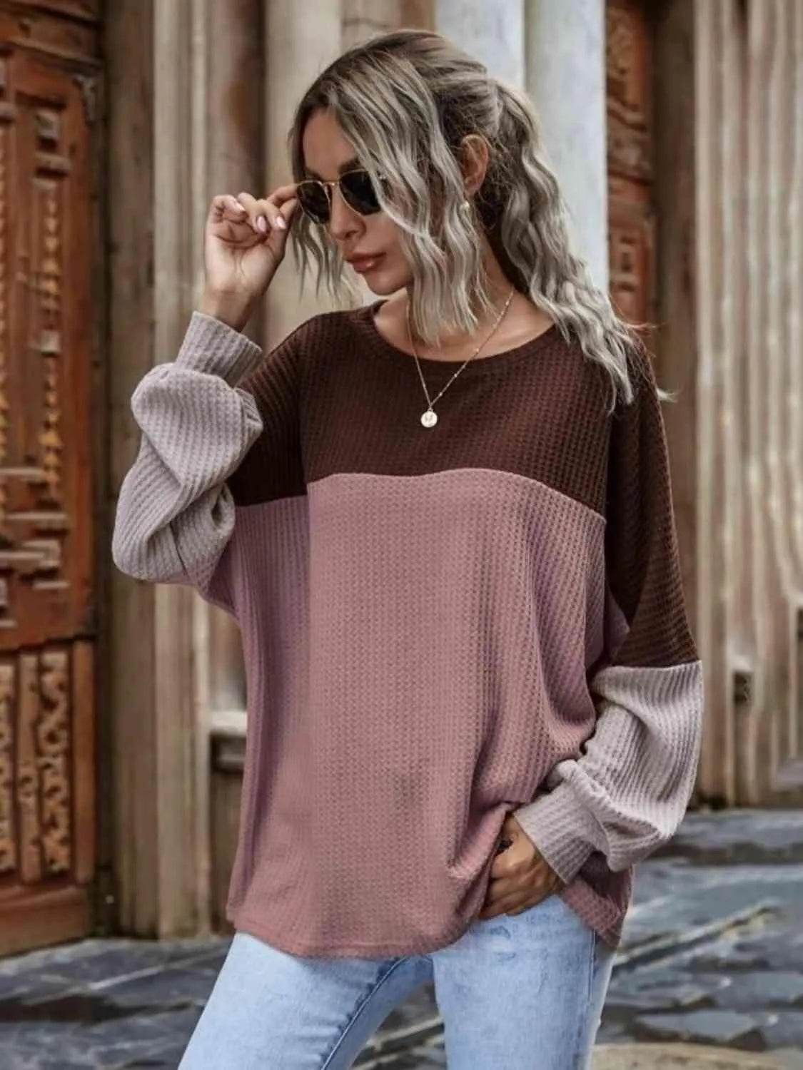 Bona Fide Fashion - Color Block Waffle-Knit Long Sleeve Top - Women Fashion - Bona Fide Fashion