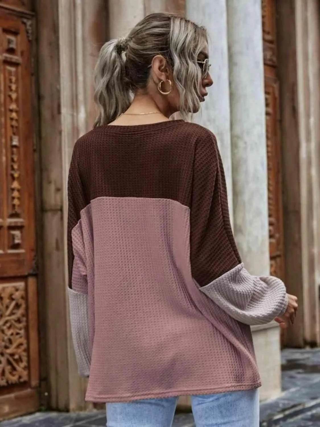 Bona Fide Fashion - Color Block Waffle-Knit Long Sleeve Top - Women Fashion - Bona Fide Fashion