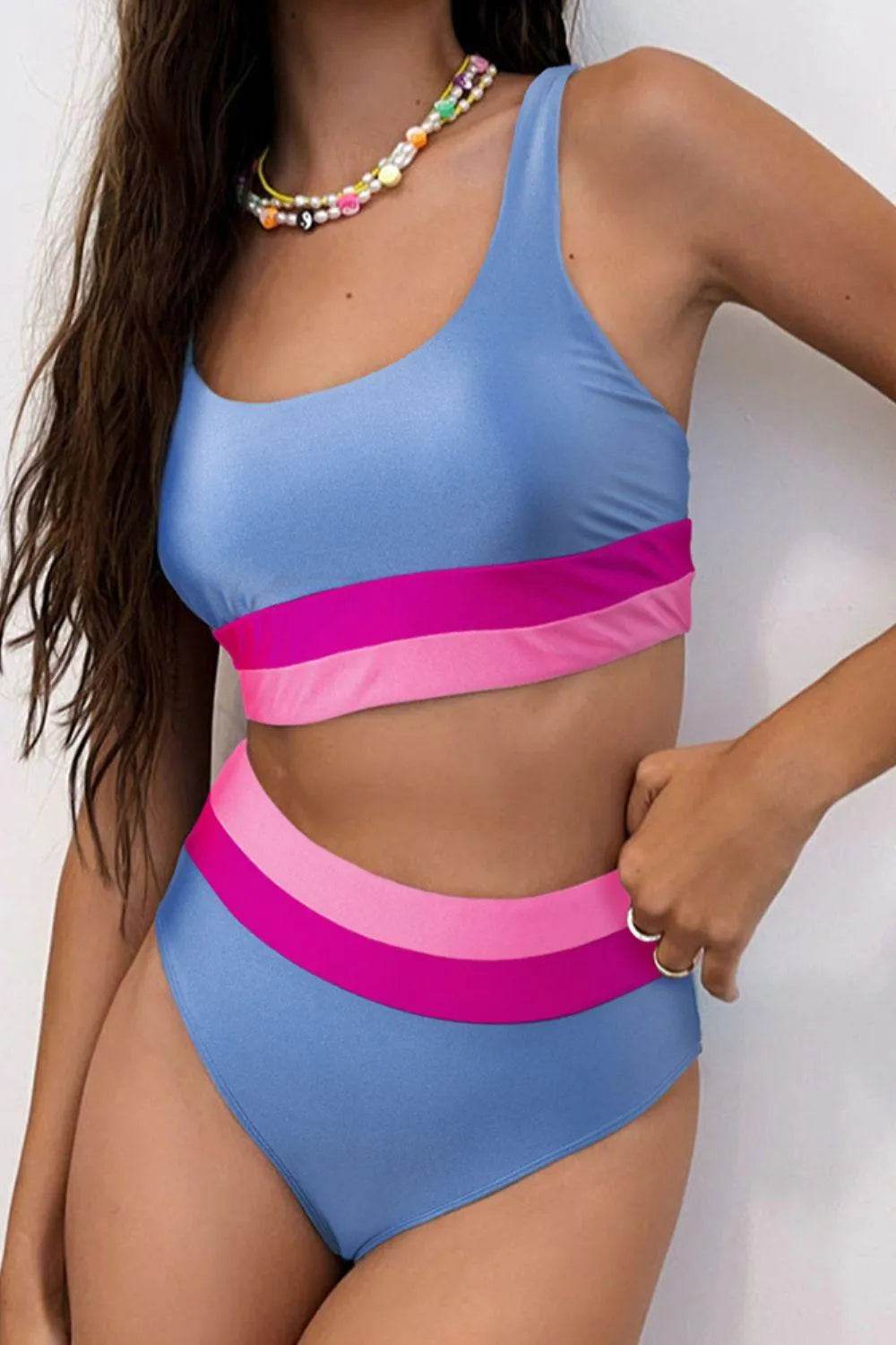 Contrast Scoop Neck Two-Piece Swim Set – Stylish Bikini for Women’s Beach Days - Bona Fide Fashion