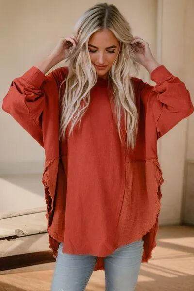 Bona Fide Fashion - Contrast Texture Round Neck Long Sleeve Blouse - Women Fashion - Bona Fide Fashion