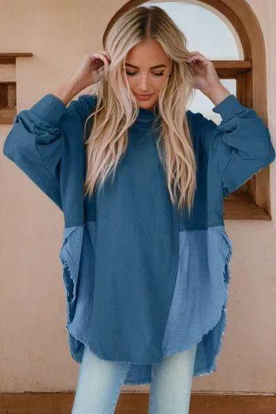 Bona Fide Fashion - Contrast Texture Round Neck Long Sleeve Blouse - Women Fashion - Bona Fide Fashion