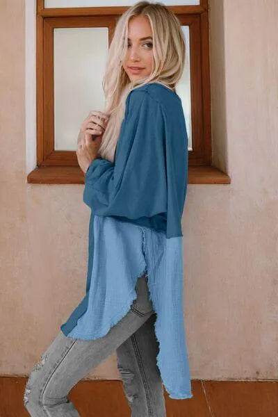 Bona Fide Fashion - Contrast Texture Round Neck Long Sleeve Blouse - Women Fashion - Bona Fide Fashion