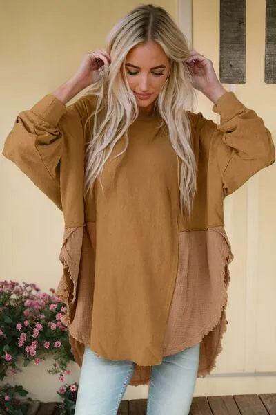 Bona Fide Fashion - Contrast Texture Round Neck Long Sleeve Blouse - Women Fashion - Bona Fide Fashion