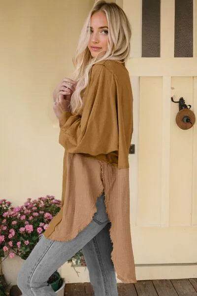 Bona Fide Fashion - Contrast Texture Round Neck Long Sleeve Blouse - Women Fashion - Bona Fide Fashion