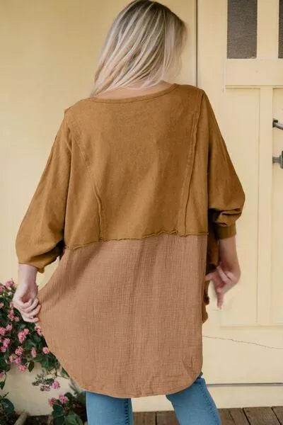 Bona Fide Fashion - Contrast Texture Round Neck Long Sleeve Blouse - Women Fashion - Bona Fide Fashion