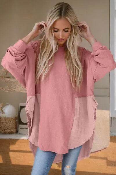 Bona Fide Fashion - Contrast Texture Round Neck Long Sleeve Blouse - Women Fashion - Bona Fide Fashion