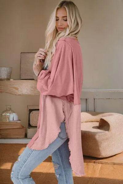 Bona Fide Fashion - Contrast Texture Round Neck Long Sleeve Blouse - Women Fashion - Bona Fide Fashion