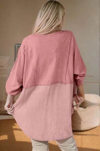Bona Fide Fashion - Contrast Texture Round Neck Long Sleeve Blouse - Women Fashion - Bona Fide Fashion