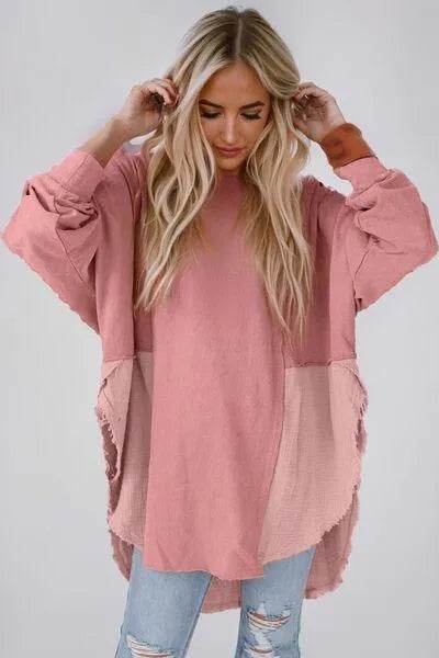 Bona Fide Fashion - Contrast Texture Round Neck Long Sleeve Blouse - Women Fashion - Bona Fide Fashion