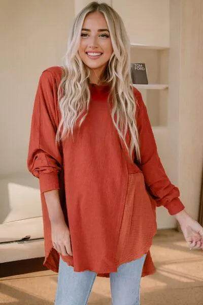 Bona Fide Fashion - Contrast Texture Round Neck Long Sleeve Blouse - Women Fashion - Bona Fide Fashion