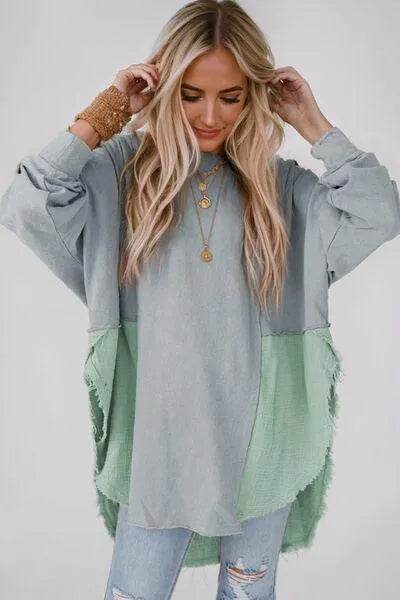 Bona Fide Fashion - Contrast Texture Round Neck Long Sleeve Blouse - Women Fashion - Bona Fide Fashion