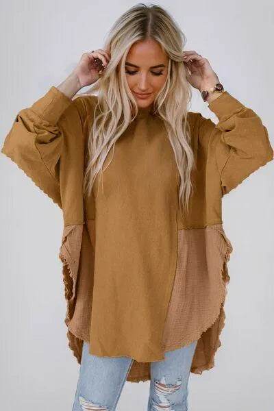 Bona Fide Fashion - Contrast Texture Round Neck Long Sleeve Blouse - Women Fashion - Bona Fide Fashion