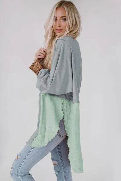 Bona Fide Fashion - Contrast Texture Round Neck Long Sleeve Blouse - Women Fashion - Bona Fide Fashion