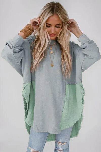 Bona Fide Fashion - Contrast Texture Round Neck Long Sleeve Blouse - Women Fashion - Bona Fide Fashion