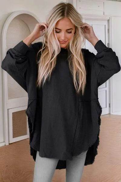 Bona Fide Fashion - Contrast Texture Round Neck Long Sleeve Blouse - Women Fashion - Bona Fide Fashion