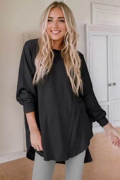 Bona Fide Fashion - Contrast Texture Round Neck Long Sleeve Blouse - Women Fashion - Bona Fide Fashion
