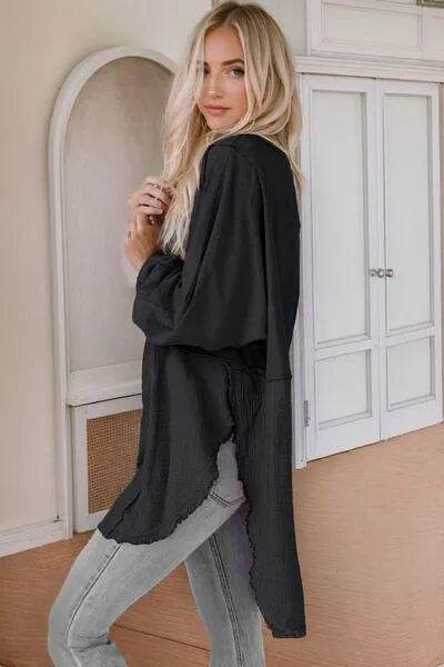 Bona Fide Fashion - Contrast Texture Round Neck Long Sleeve Blouse - Women Fashion - Bona Fide Fashion
