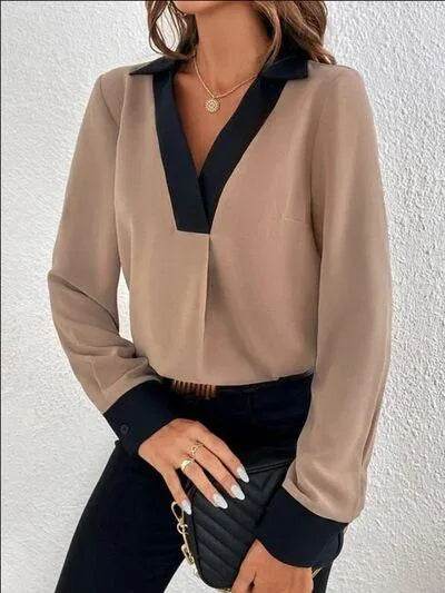 Bona Fide Fashion - Contrast Trim V-Neck Long Sleeve Blouse - Women Fashion - Bona Fide Fashion