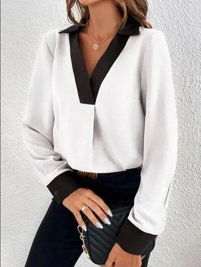 Bona Fide Fashion - Contrast Trim V-Neck Long Sleeve Blouse - Women Fashion - Bona Fide Fashion