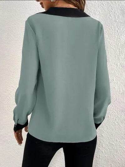 Bona Fide Fashion - Contrast Trim V-Neck Long Sleeve Blouse - Women Fashion - Bona Fide Fashion