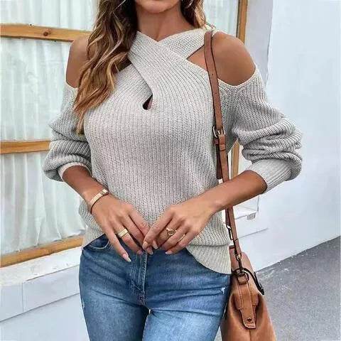 Bona Fide Fashion - Crisscross Cold-Shoulder Sweater - Women Fashion - Bona Fide Fashion