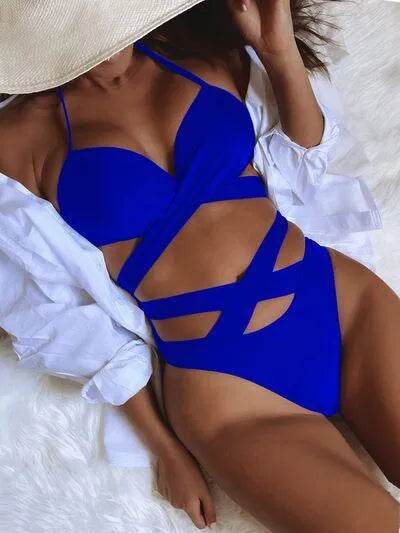 Crisscross Halter Neck Bikini Set – Trendy Two-Piece Swimsuit for Summer Vibes - Bona Fide Fashion