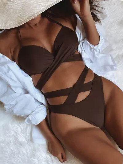 Crisscross Halter Neck Bikini Set – Trendy Two-Piece Swimsuit for Summer Vibes - Bona Fide Fashion