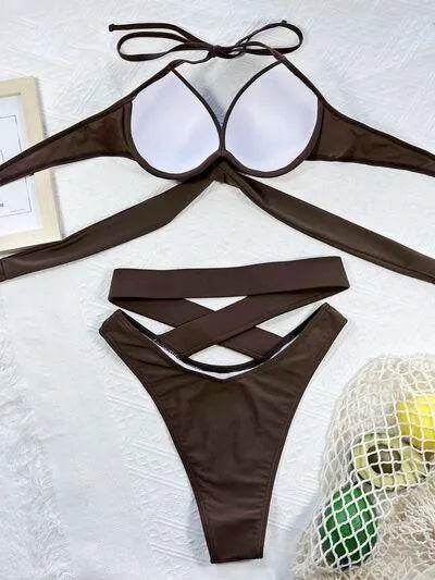 Crisscross Halter Neck Bikini Set – Trendy Two-Piece Swimsuit for Summer Vibes - Bona Fide Fashion