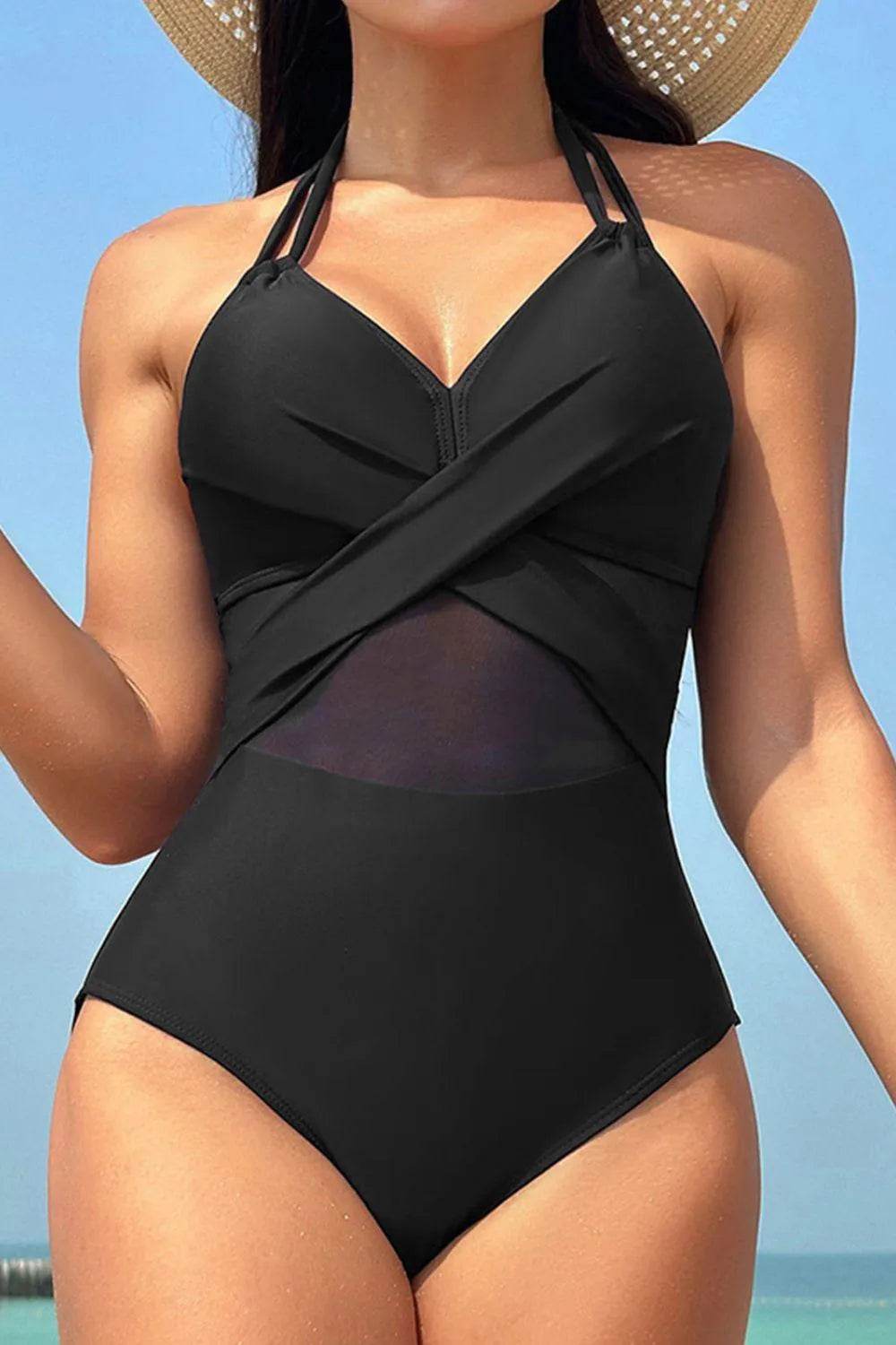 Crisscross Halter Neck One-Piece Swimwear – Sleek & Supportive Swimsuit for Women - Bona Fide Fashion