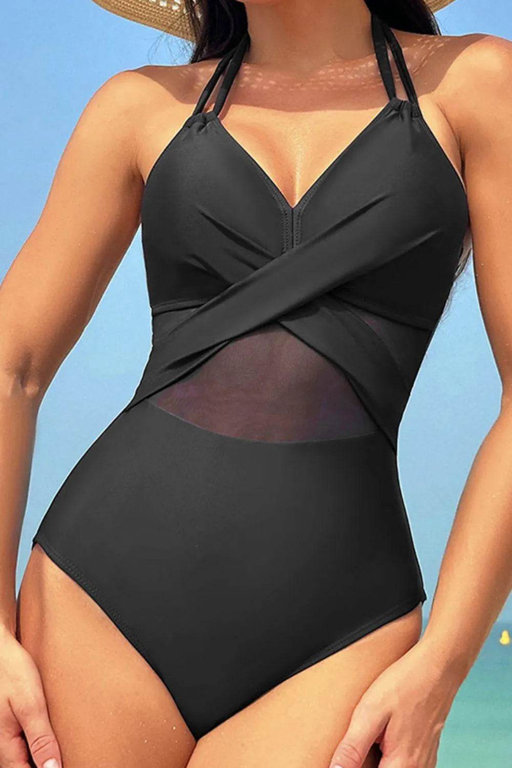 Crisscross Halter Neck One-Piece Swimwear – Sleek & Supportive Swimsuit for Women - Bona Fide Fashion