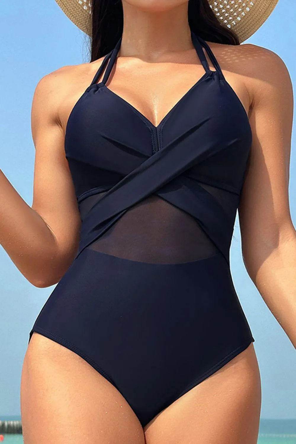Crisscross Halter Neck One-Piece Swimwear – Sleek & Supportive Swimsuit for Women - Bona Fide Fashion