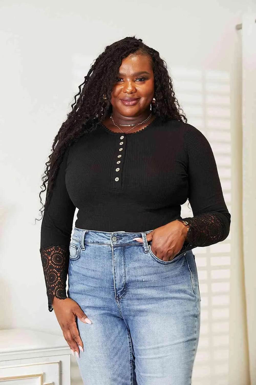Bona Fide Fashion - Crochet Lace Hem Sleeve Button Top - Women Fashion - Bona Fide Fashion
