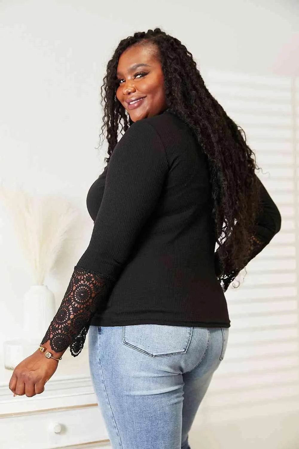 Bona Fide Fashion - Crochet Lace Hem Sleeve Button Top - Women Fashion - Bona Fide Fashion