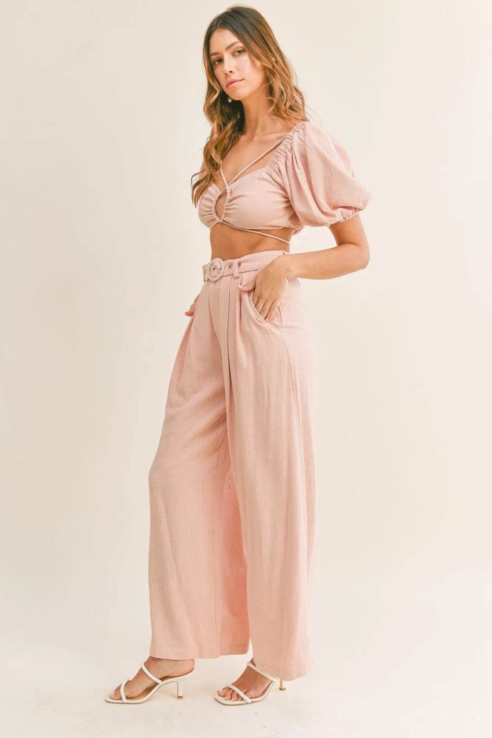 Mable Cut-Out Crop Top & Belted Pants Set – Stylish Two-Piece Outfit for Day or Night - Bona Fide Fashion