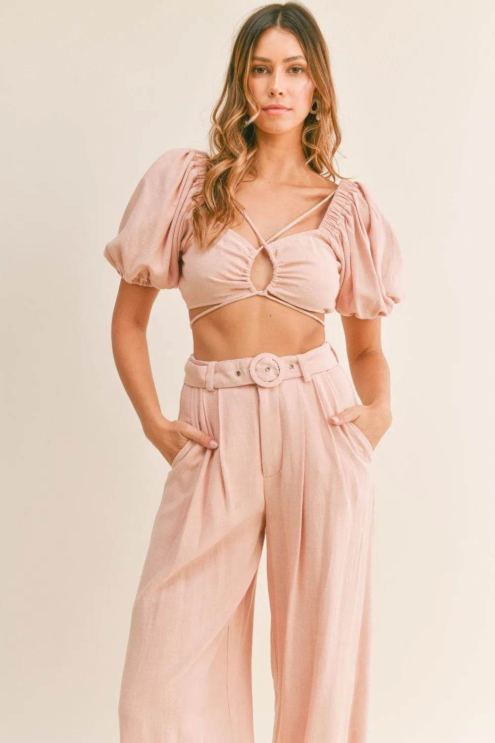 Mable Cut-Out Crop Top & Belted Pants Set – Stylish Two-Piece Outfit for Day or Night - Bona Fide Fashion