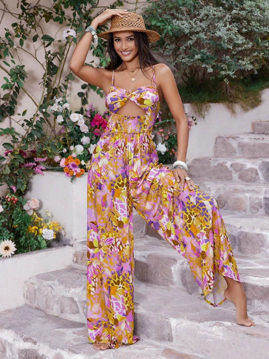 Cutout Printed Spaghetti Strap Jumpsuit – Bold & Stylish One-Piece Outfit for Women - Bona Fide Fashion