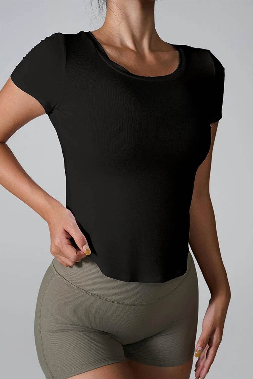 Bona Fide Fashion - Cutout Round Neck Short Sleeve Active T-Shirt - Women Fashion - Bona Fide Fashion