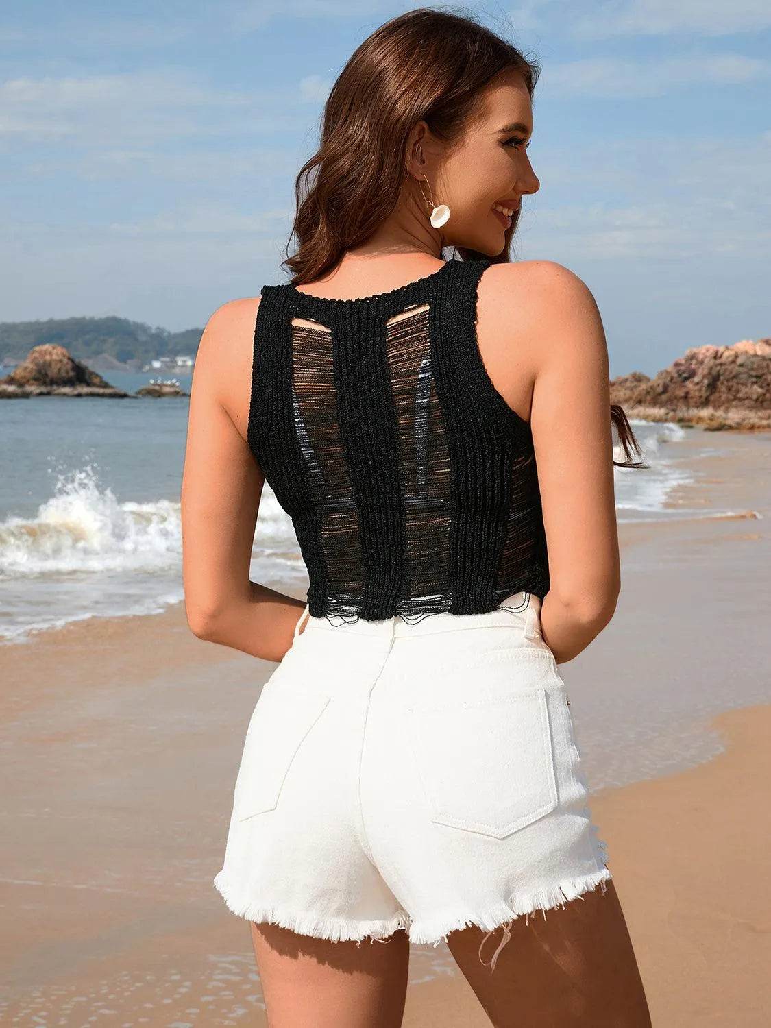 Cutout Round Neck Sleeveless Cover-Up – Stylish Beachwear for Women - Bona Fide Fashion