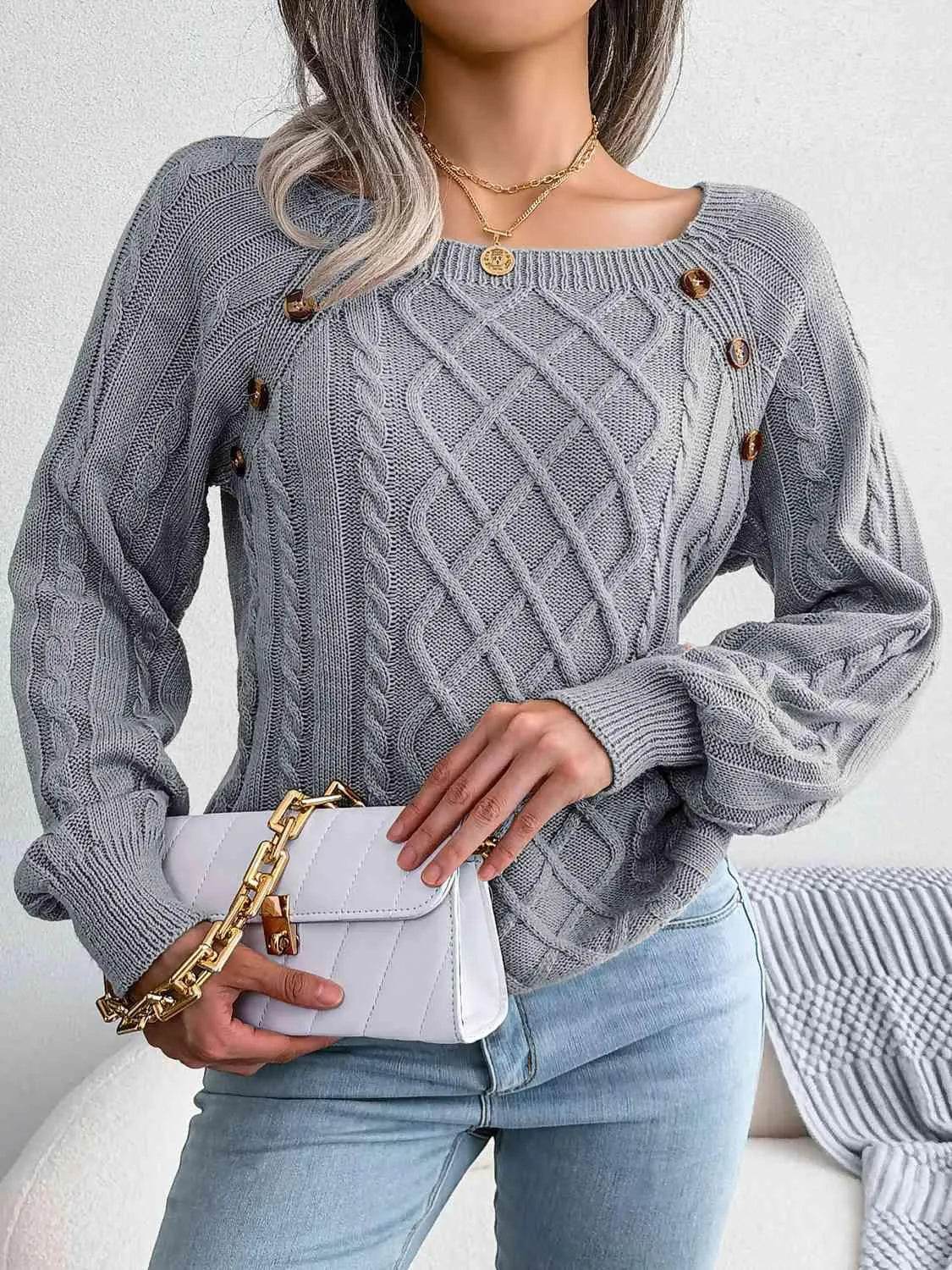 Bona Fide Fashion - Decorative Button Cable-Knit Sweater - Women Fashion - Bona Fide Fashion