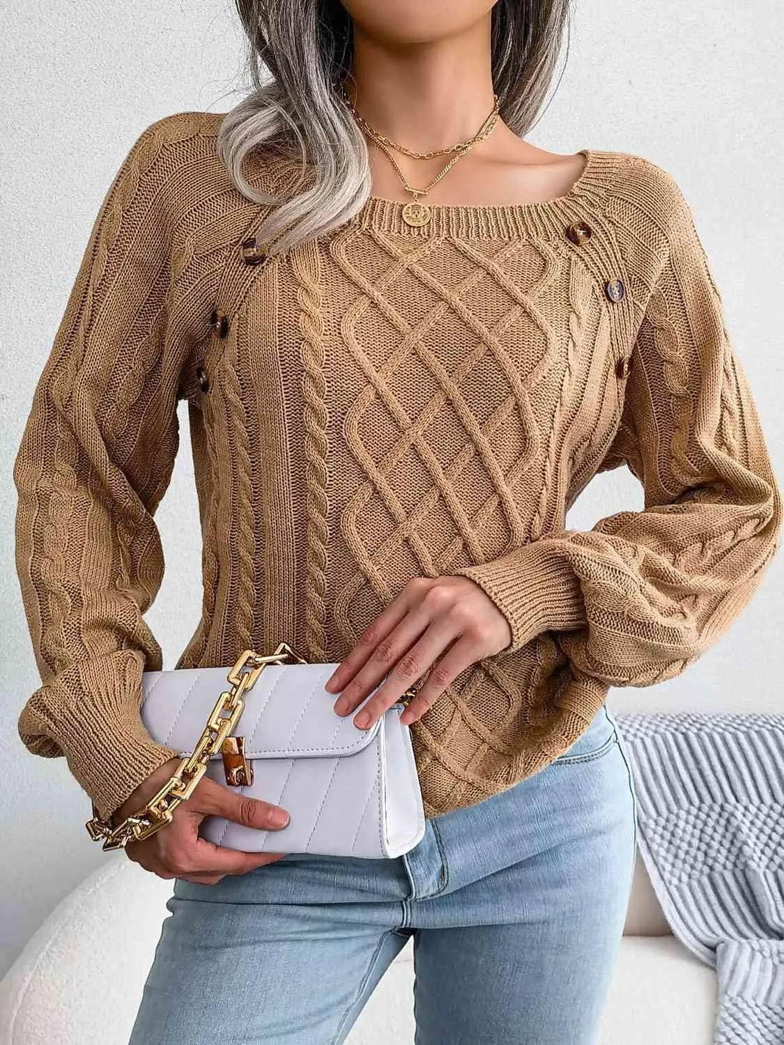 Bona Fide Fashion - Decorative Button Cable-Knit Sweater - Women Fashion - Bona Fide Fashion