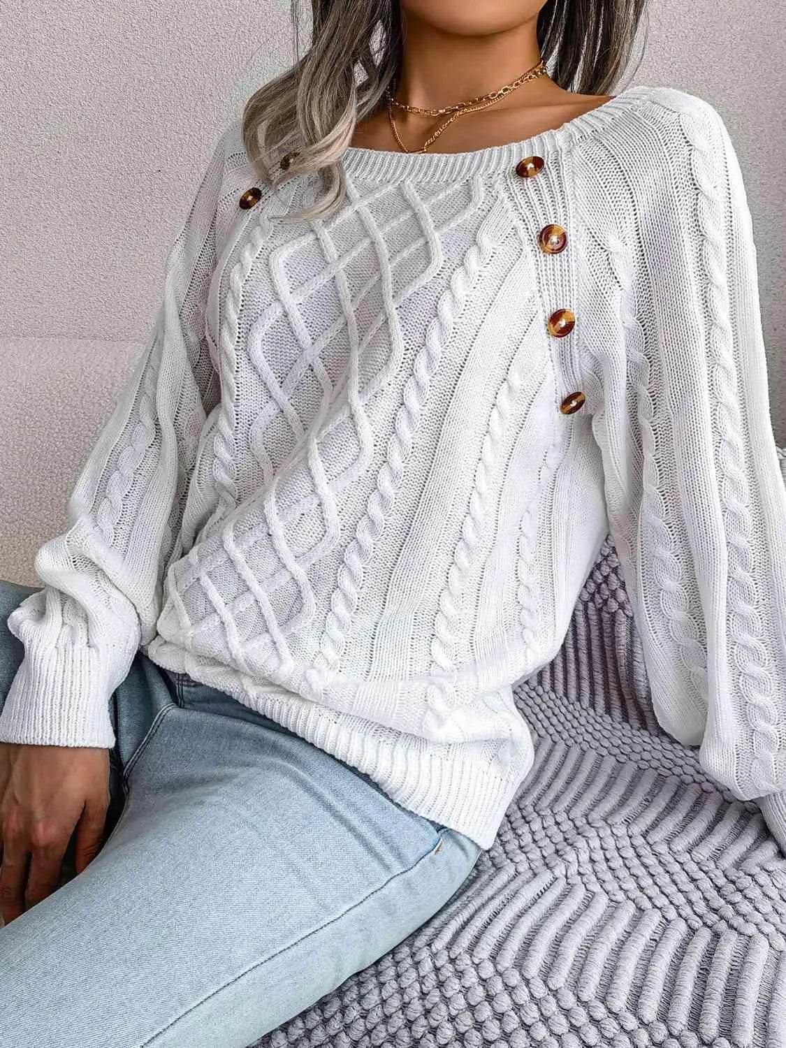 Bona Fide Fashion - Decorative Button Cable-Knit Sweater - Women Fashion - Bona Fide Fashion