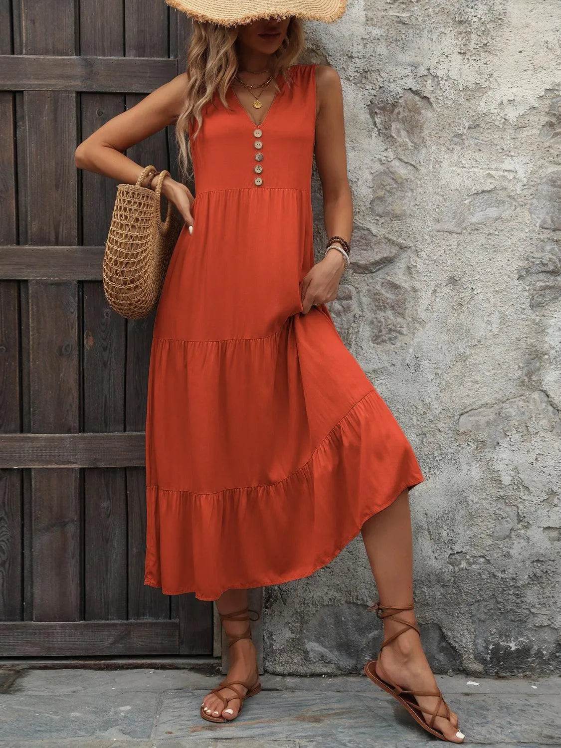 Decorative Button Notched Sleeveless Dress – Elegant Casual Style for Women - Bona Fide Fashion