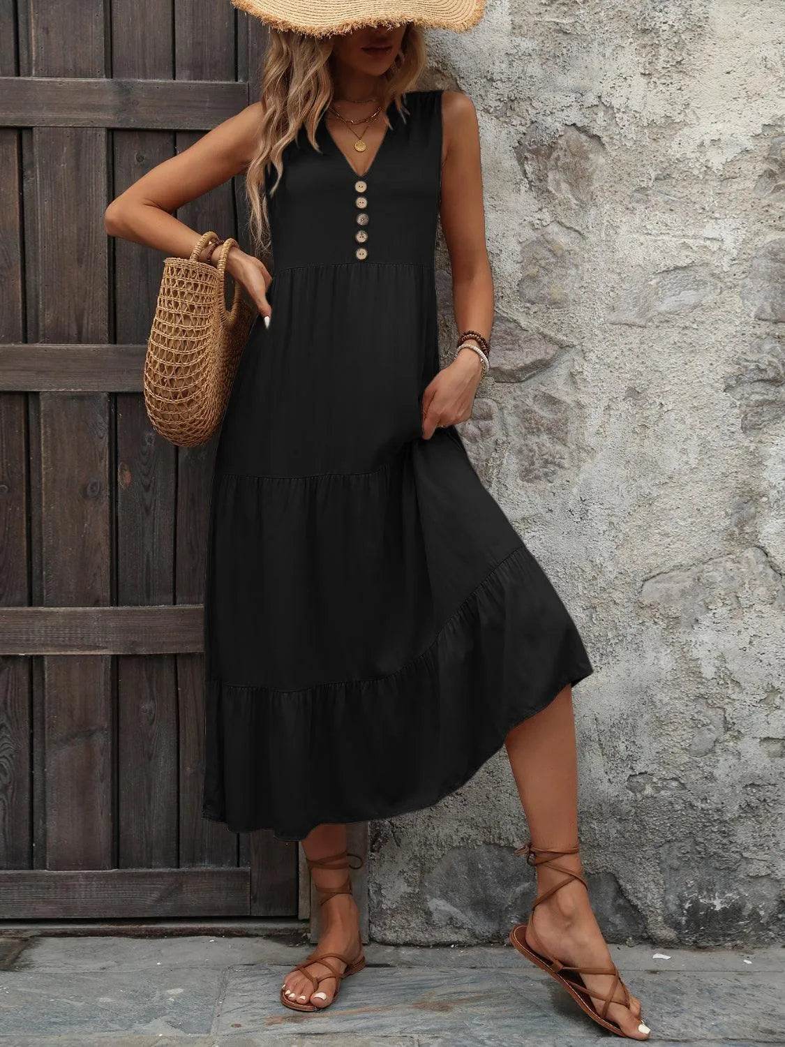 Decorative Button Notched Sleeveless Dress – Elegant Casual Style for Women - Bona Fide Fashion