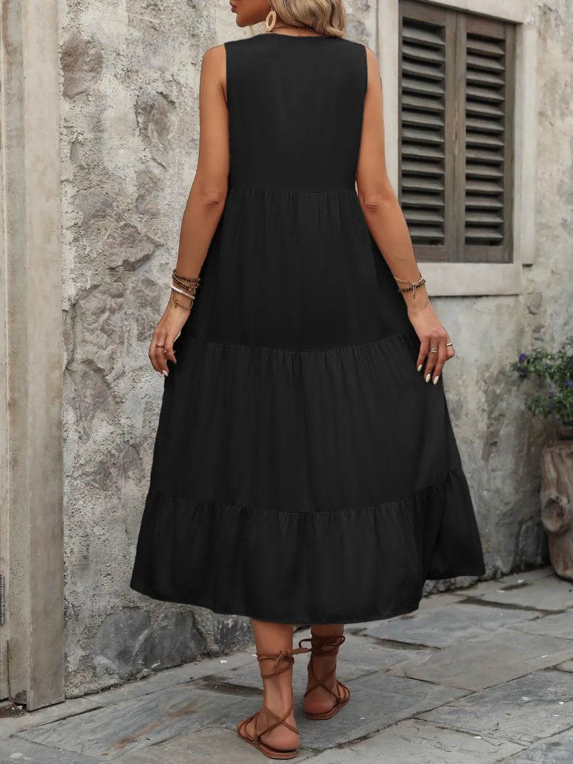 Decorative Button Notched Sleeveless Dress – Elegant Casual Style for Women - Bona Fide Fashion