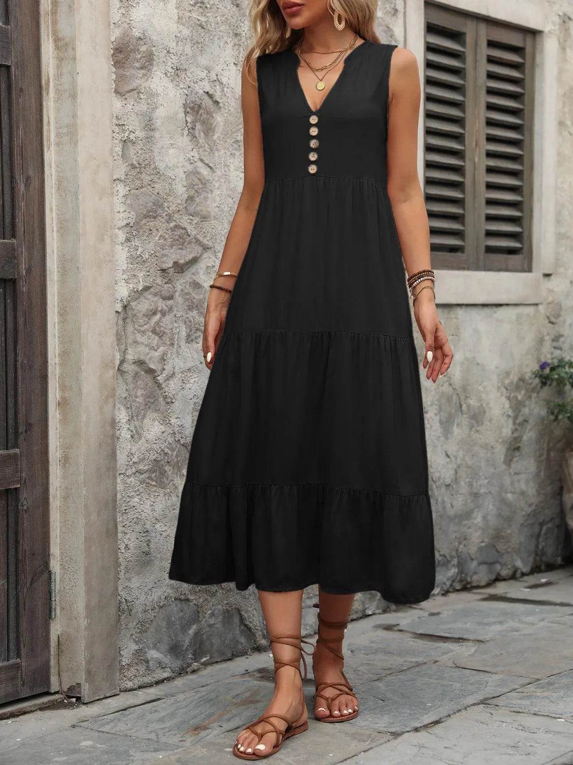 Decorative Button Notched Sleeveless Dress – Elegant Casual Style for Women - Bona Fide Fashion