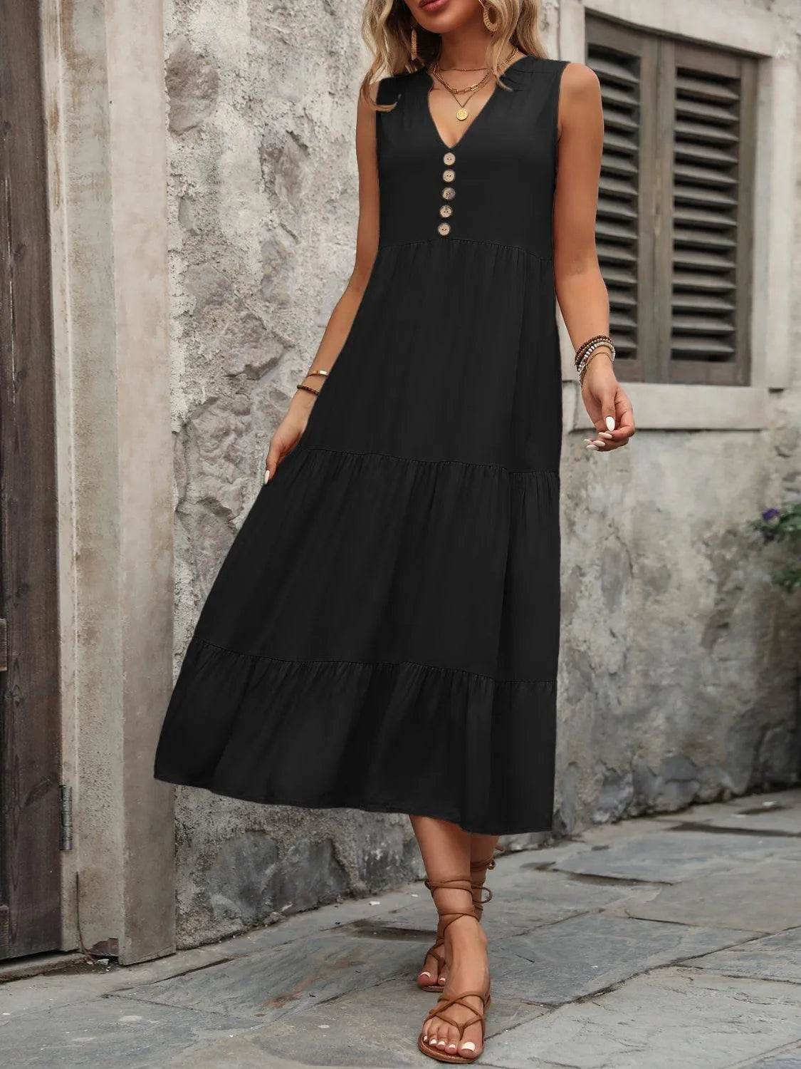 Decorative Button Notched Sleeveless Dress – Elegant Casual Style for Women - Bona Fide Fashion