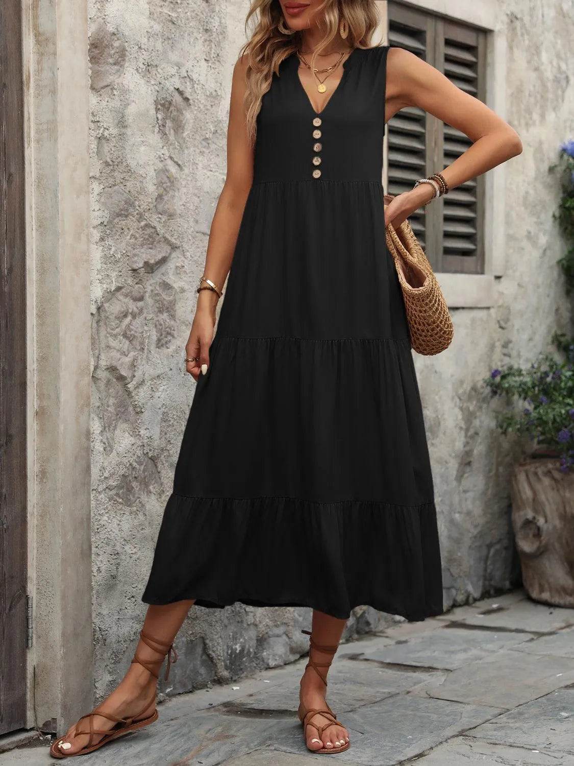 Decorative Button Notched Sleeveless Dress – Elegant Casual Style for Women - Bona Fide Fashion