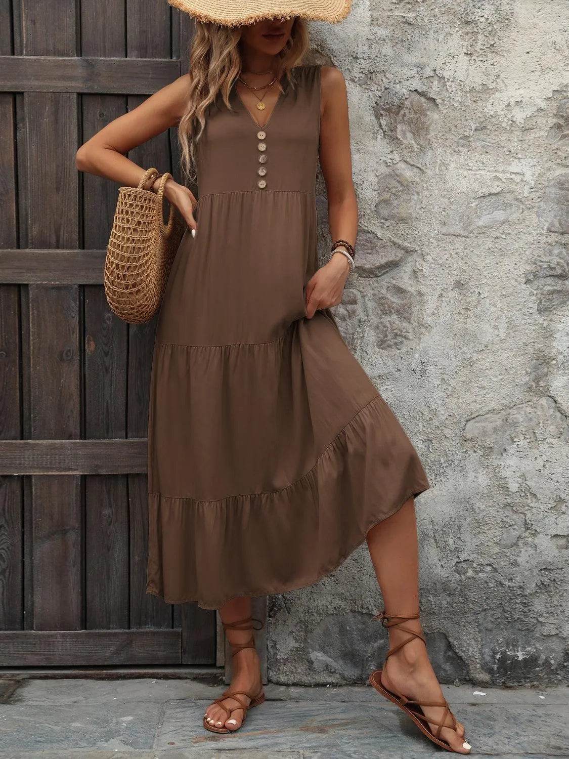 Decorative Button Notched Sleeveless Dress – Elegant Casual Style for Women - Bona Fide Fashion