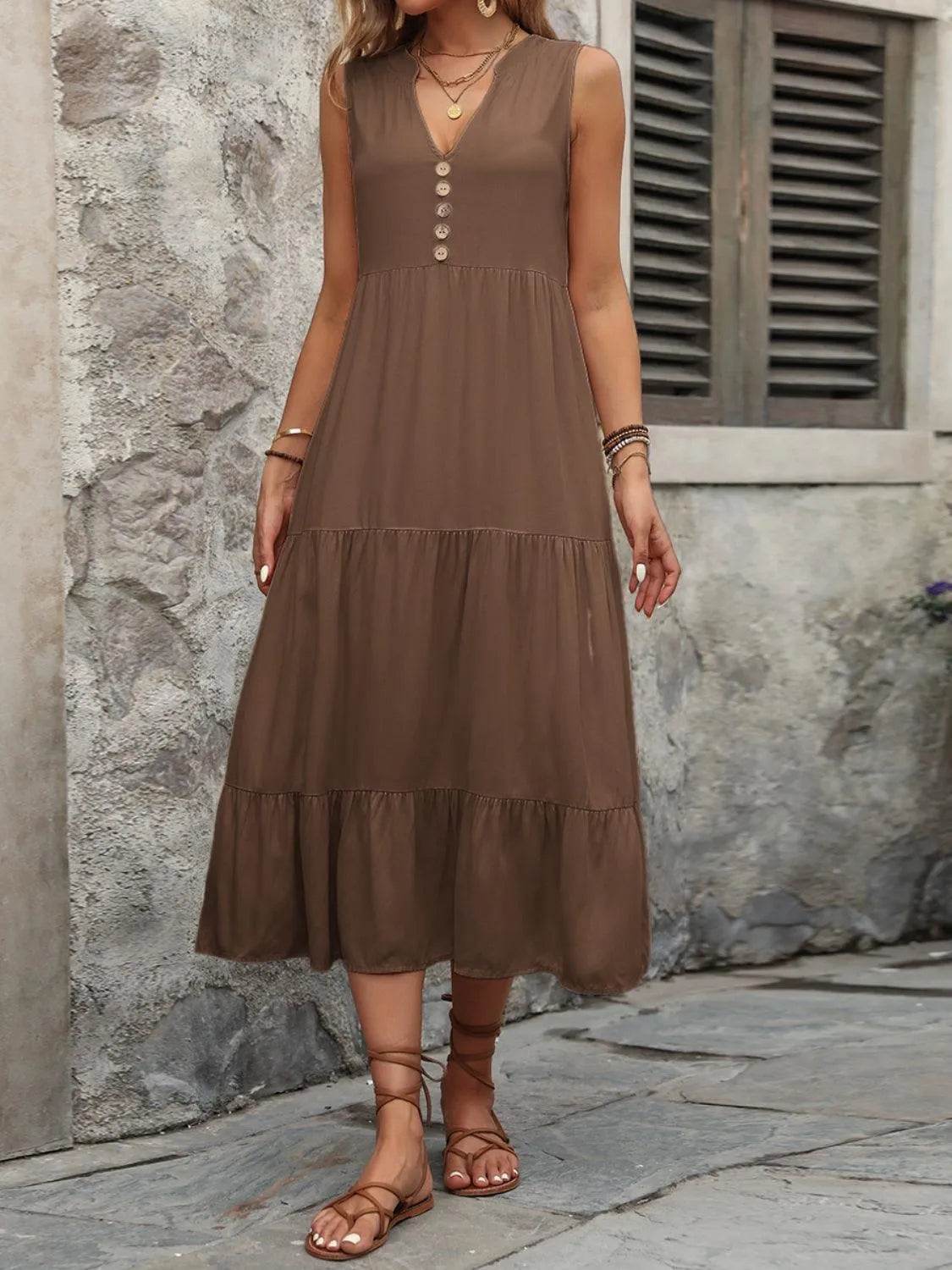 Decorative Button Notched Sleeveless Dress – Elegant Casual Style for Women - Bona Fide Fashion